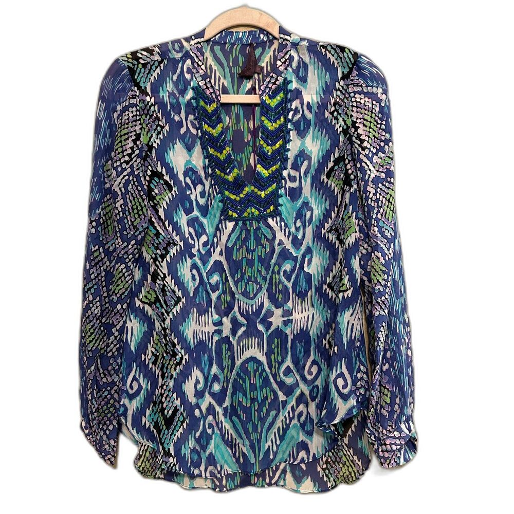 NWT Hale Bob 100% Silk Beaded Tunic Top Womens Size Small Multicolor Boho Resort